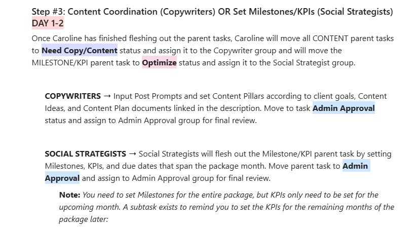 Preview of Stand Operating Procedure document - Coordinating ClickUp Tasks for New Client Packages