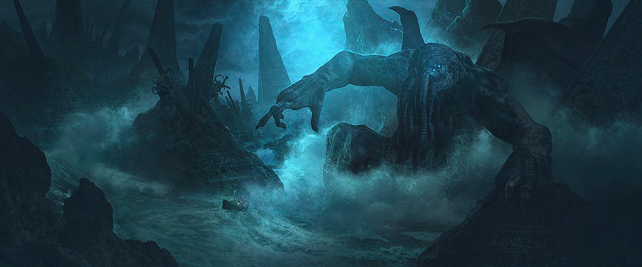 Boat sails away from the reaching hand of Cthulhu, a giant winged and tentacled face creature, in a dark, blue-lit landscape.