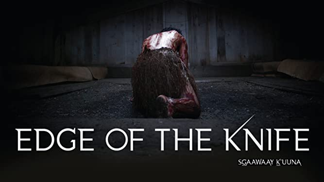 Edge of the Knife film cover showing Haida man covered in blood and kneeling in the woods