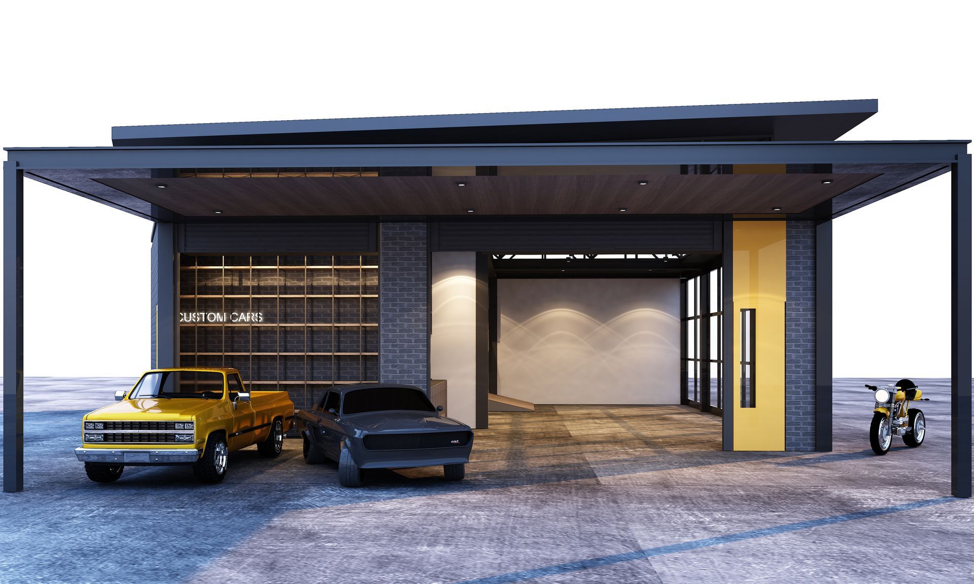 Modern garage with two classic trucks, a motorcycle, and a yellow accent, with a gray brick exterior and a sleek roof.
