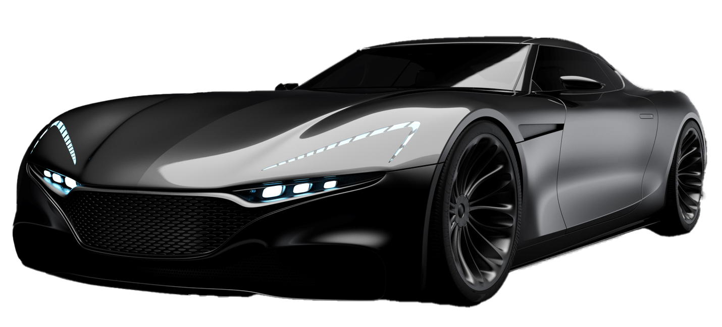Sleek, dark gray sports car. Features a low profile, sharp lines, and distinctive headlight design.