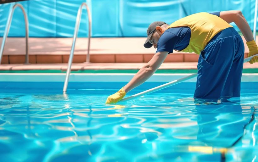 A man is cleaning a swimming pool with a broom.