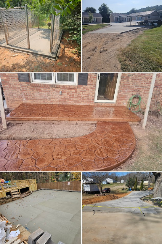 A collage of pictures of a concrete walkway being built in front of a brick house.