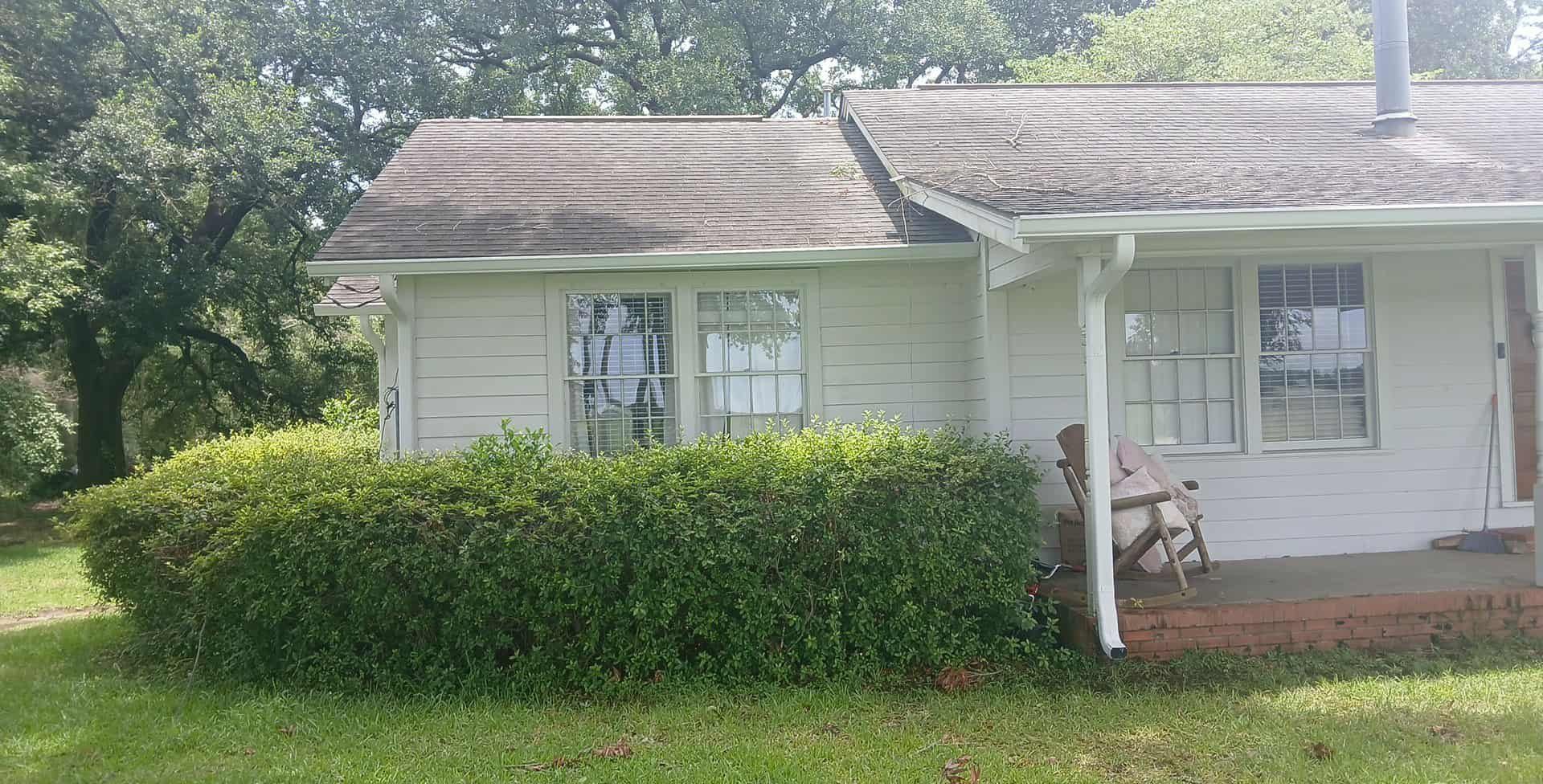 White cottage with overgrown shrubbery and a weathered roof.