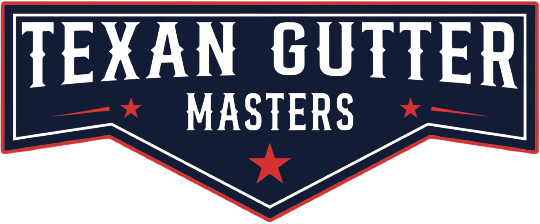 Logo for Texan Gutter Masters: white text on a blue shield shape with red accents.