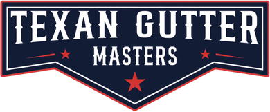 Logo for Texan Gutter Masters: white text on a blue shield shape with red accents.