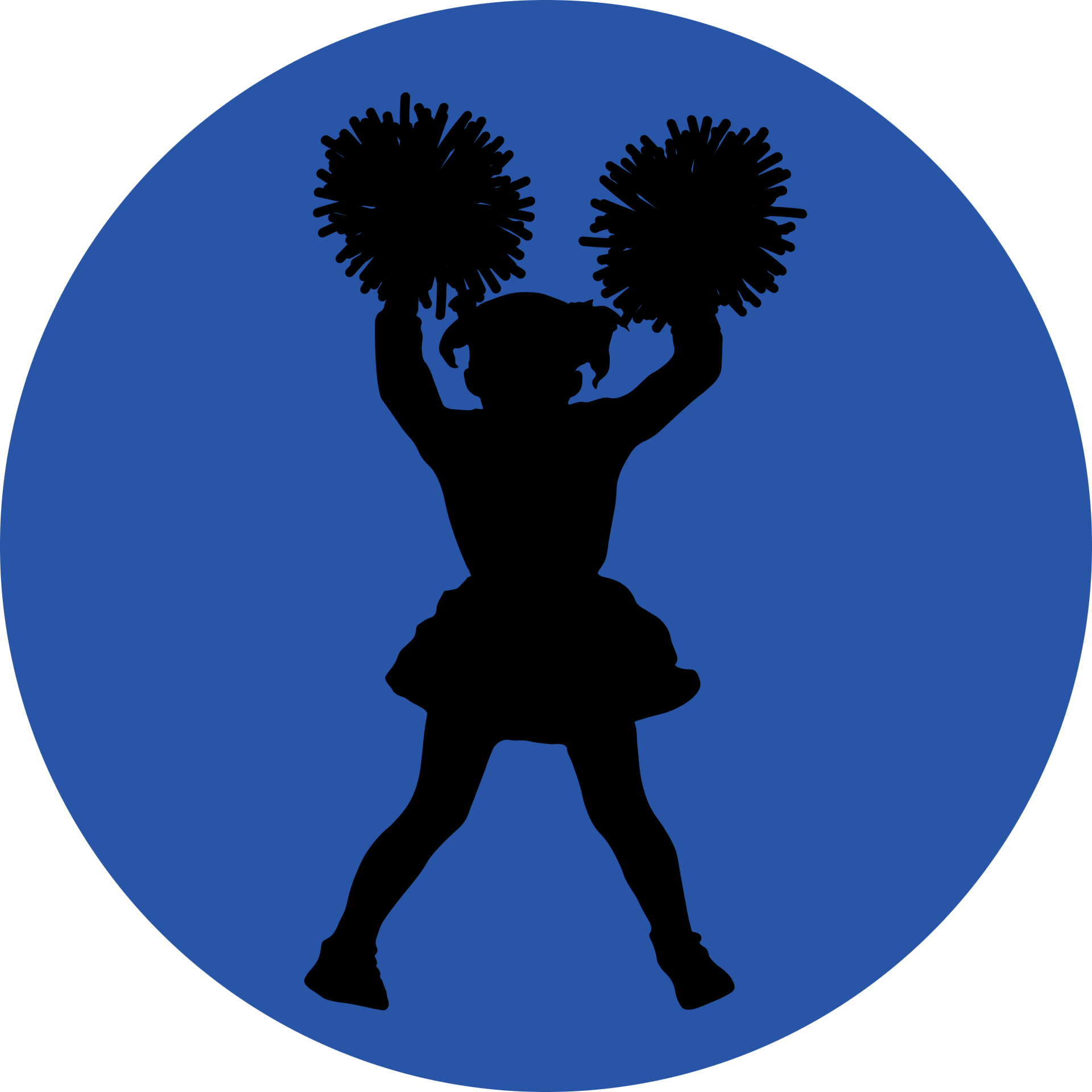 A silhouette of a cheerleader holding pom poms in a blue circle