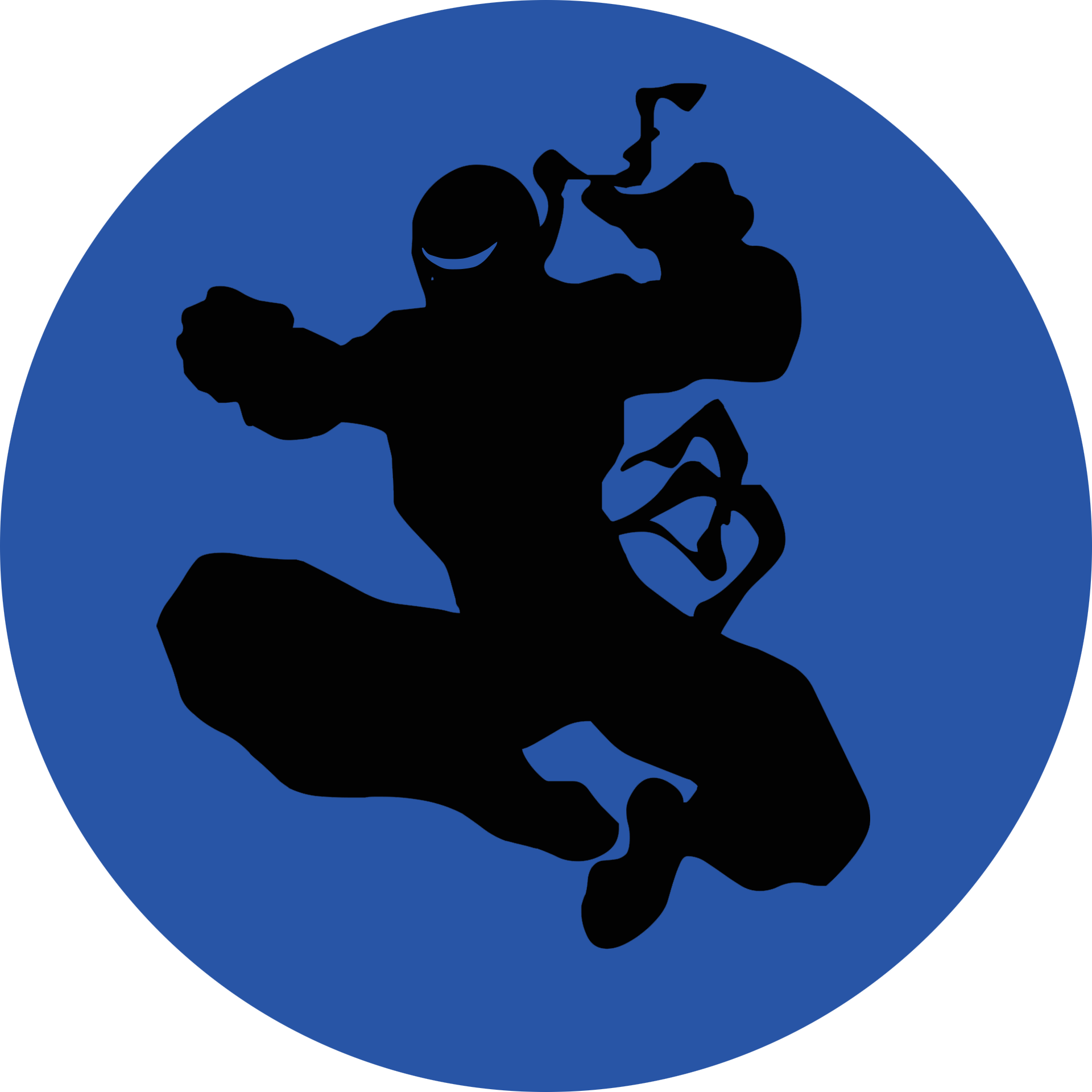 A silhouette of a superhero in a blue circle