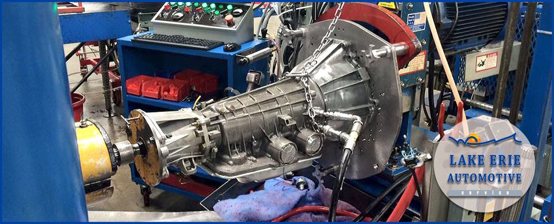 Transmission Unit Being Repaired On Bench With Diagnostic Equipment | Lake Erie Automotive Service