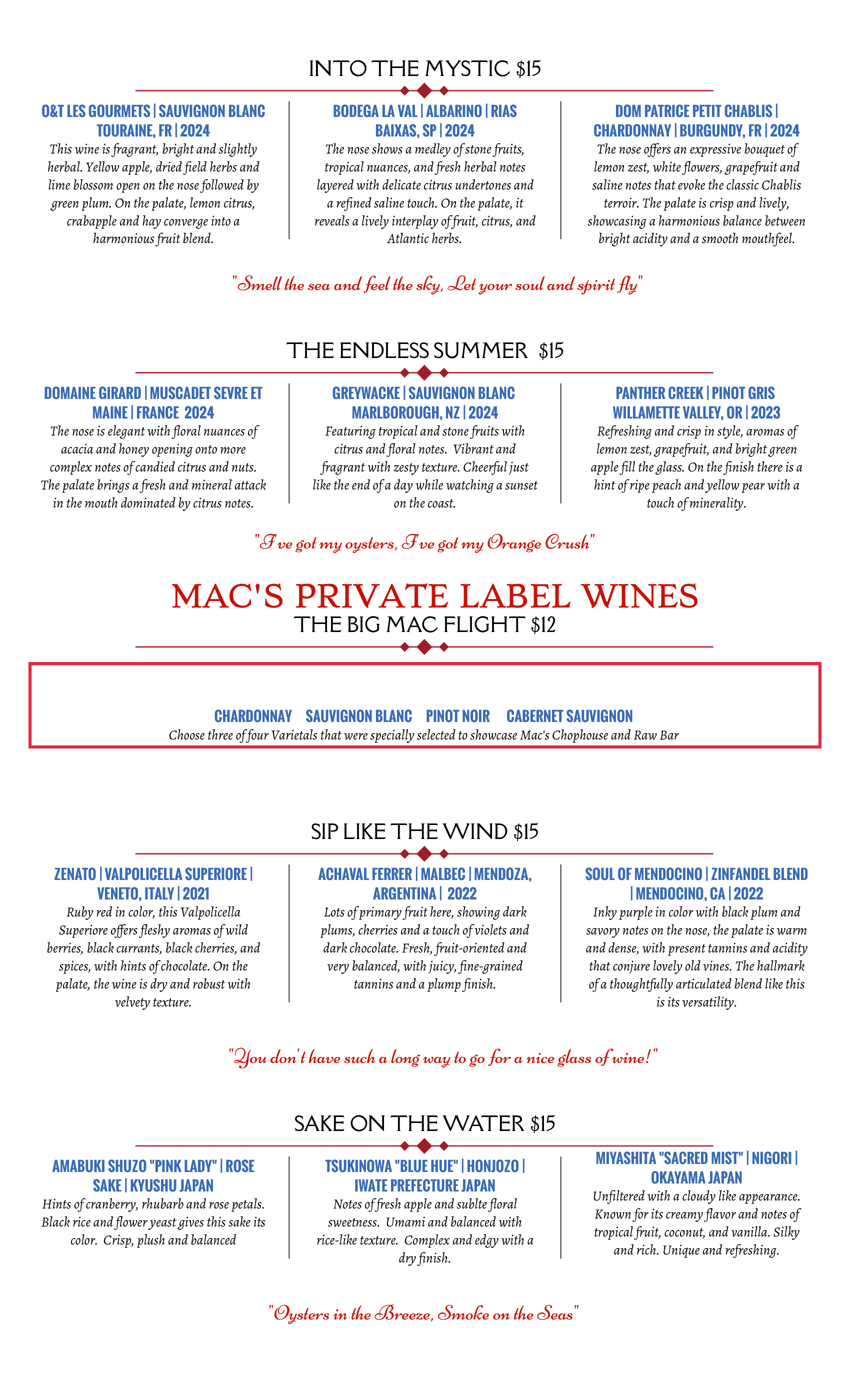 wine flights at mac's raw bar