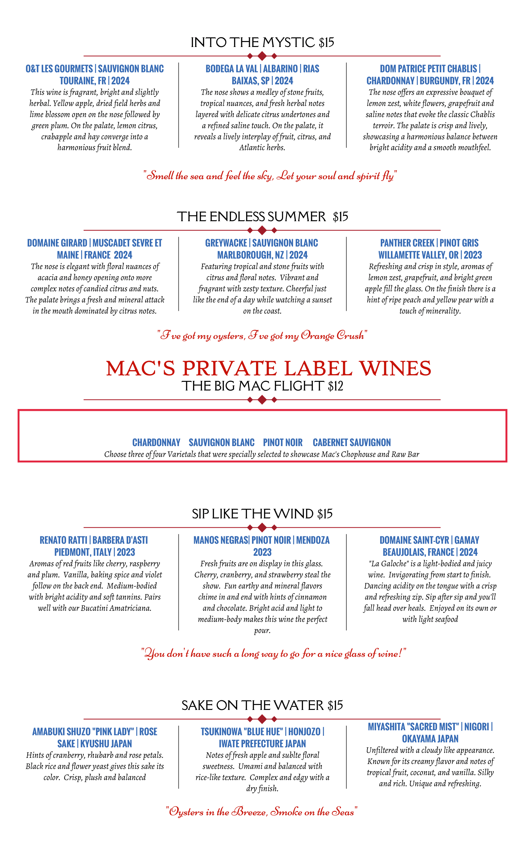 wine flights at mac's raw bar