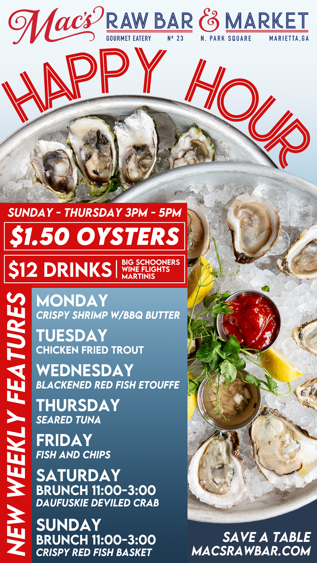 A poster for a raw bar happy hour with a glass of beer and oysters.