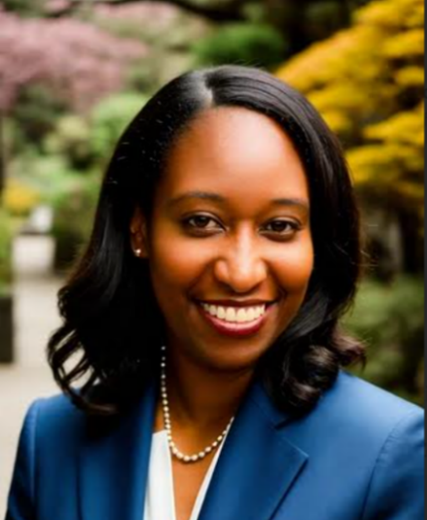 Woman in blue blazer smiles, pearl necklace, outdoors, blurred greenery background.