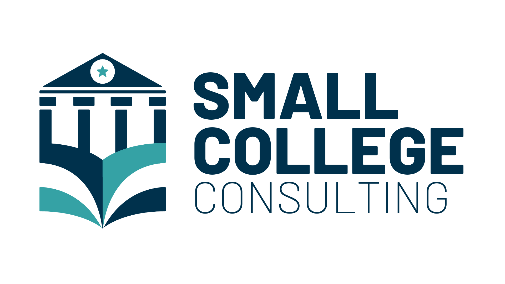 Logo for Small College Consulting: Blue and teal building icon with text.