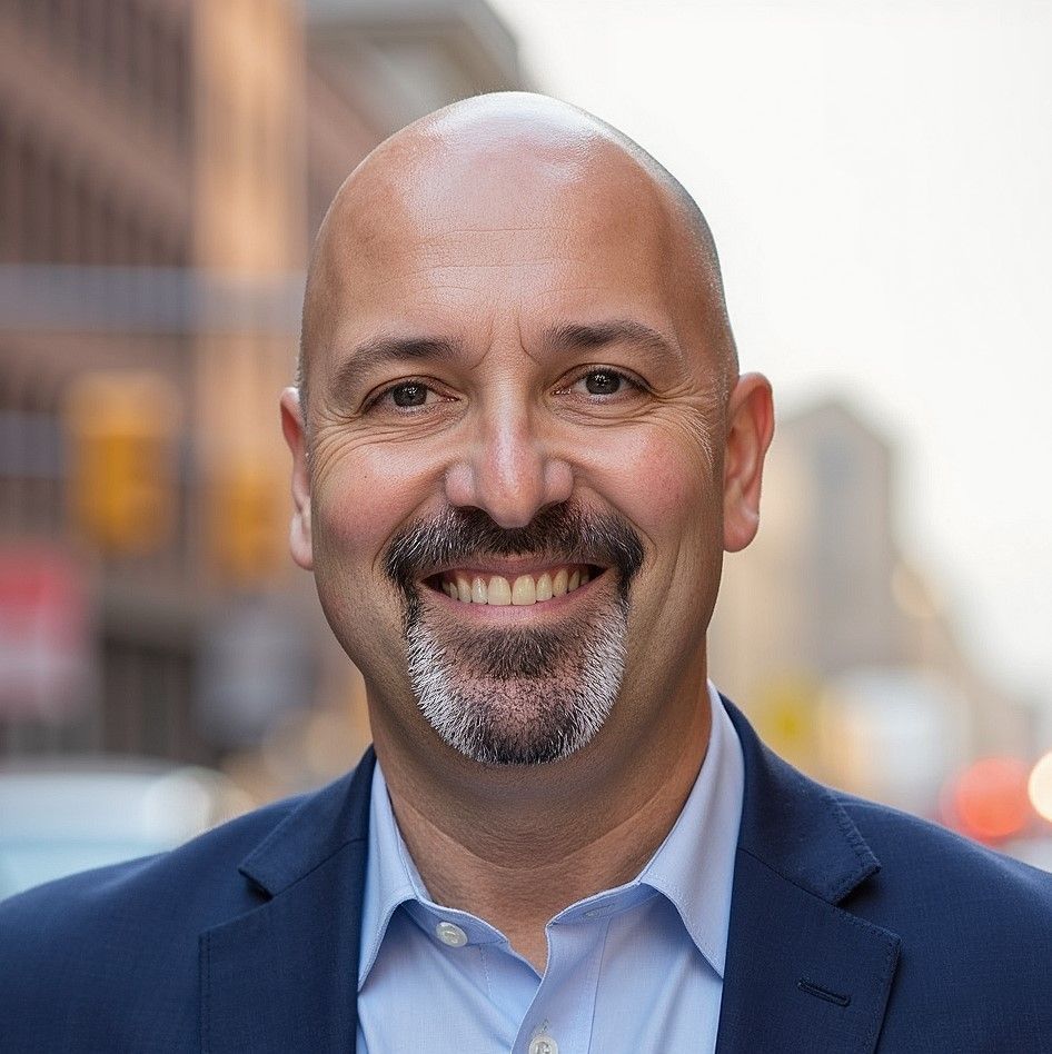 Man smiling outdoors, wearing a blue blazer and button-down shirt; cityscape in the background.