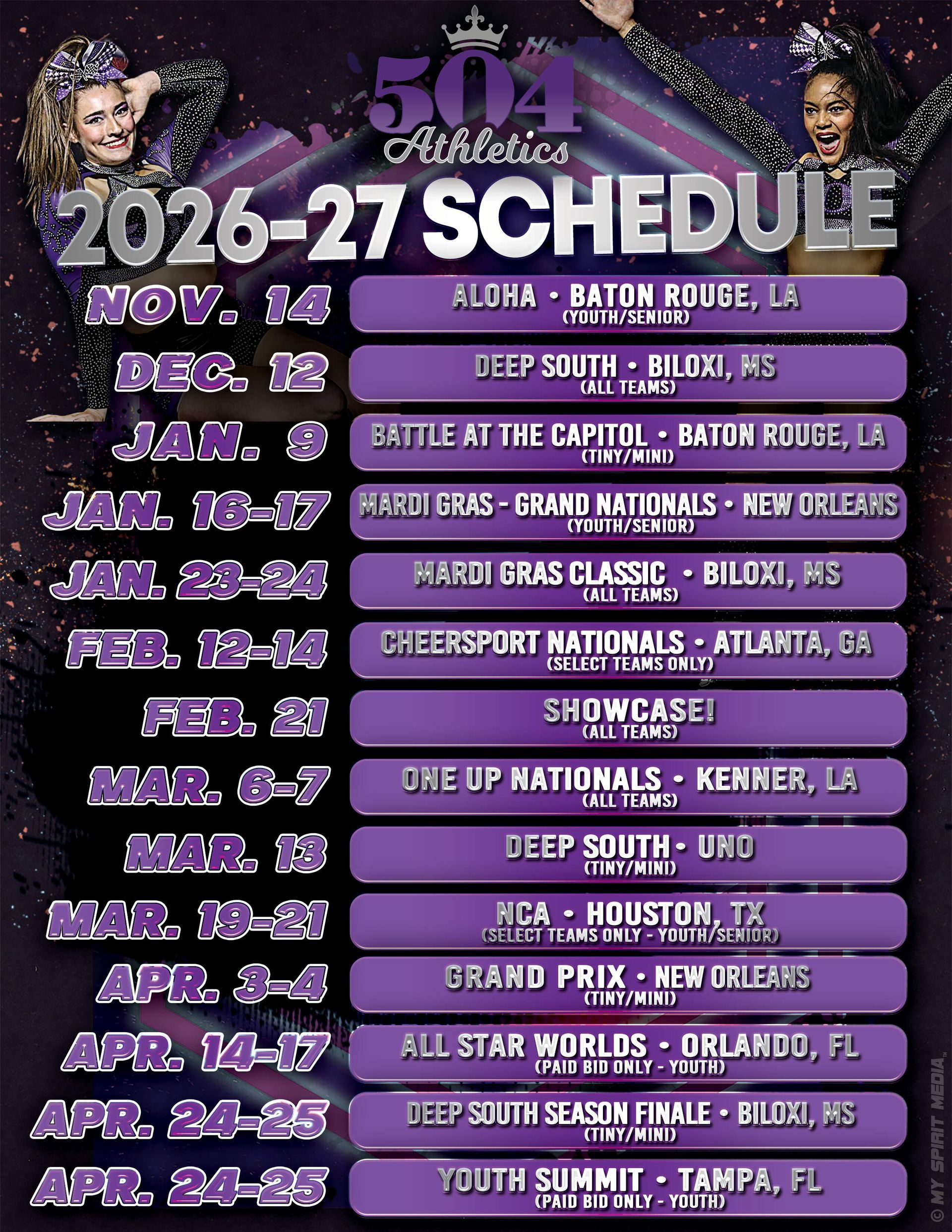 A cheerleading team in black uniforms stands on a stage in front of a National Cheerleaders Association banner.