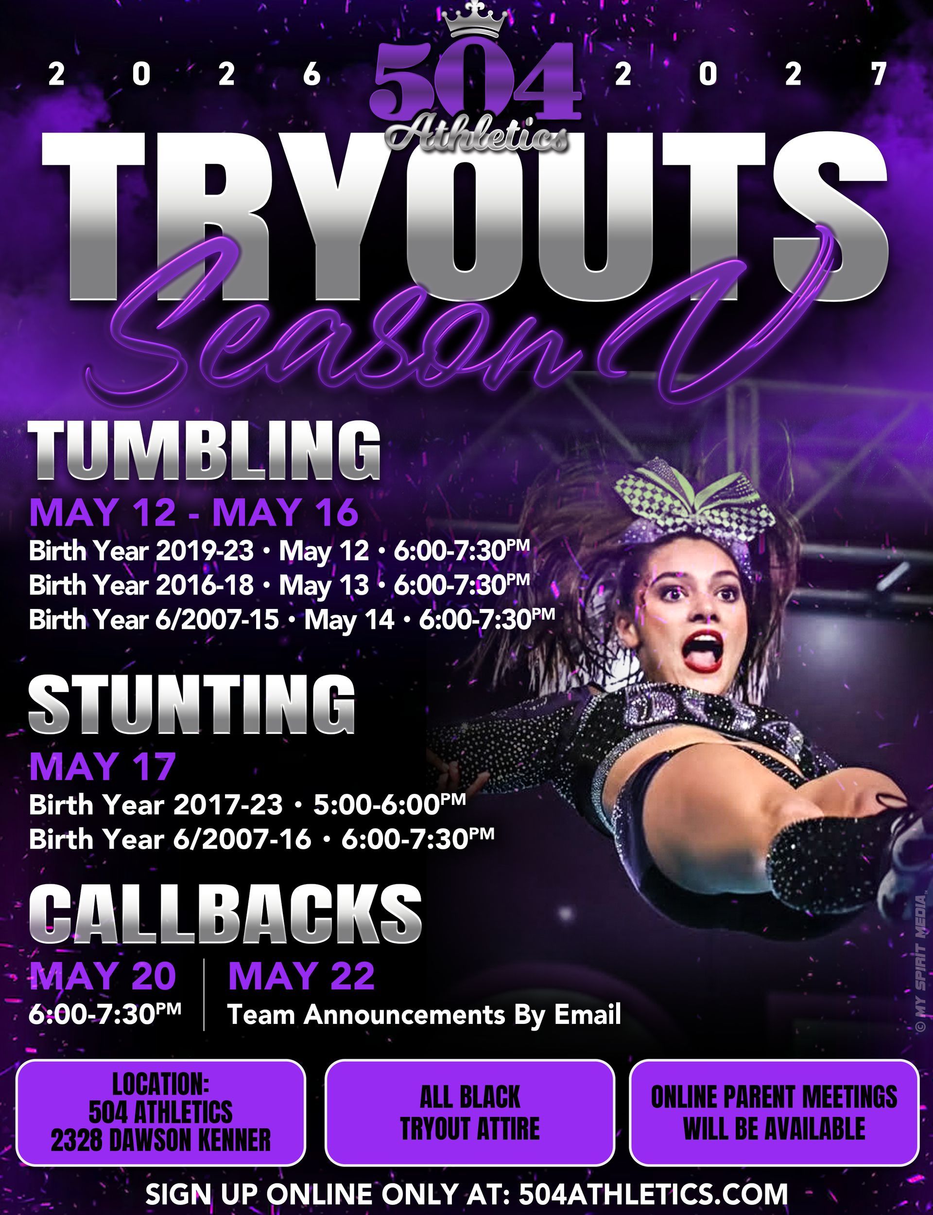 A cheerleading team in black uniforms stands on a stage in front of a National Cheerleaders Association banner.