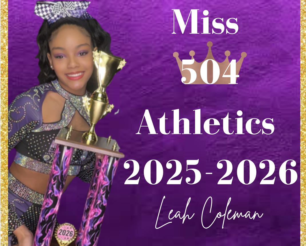 A young person in a purple cheer uniform smiles while holding a trophy against a purple background with gold text.