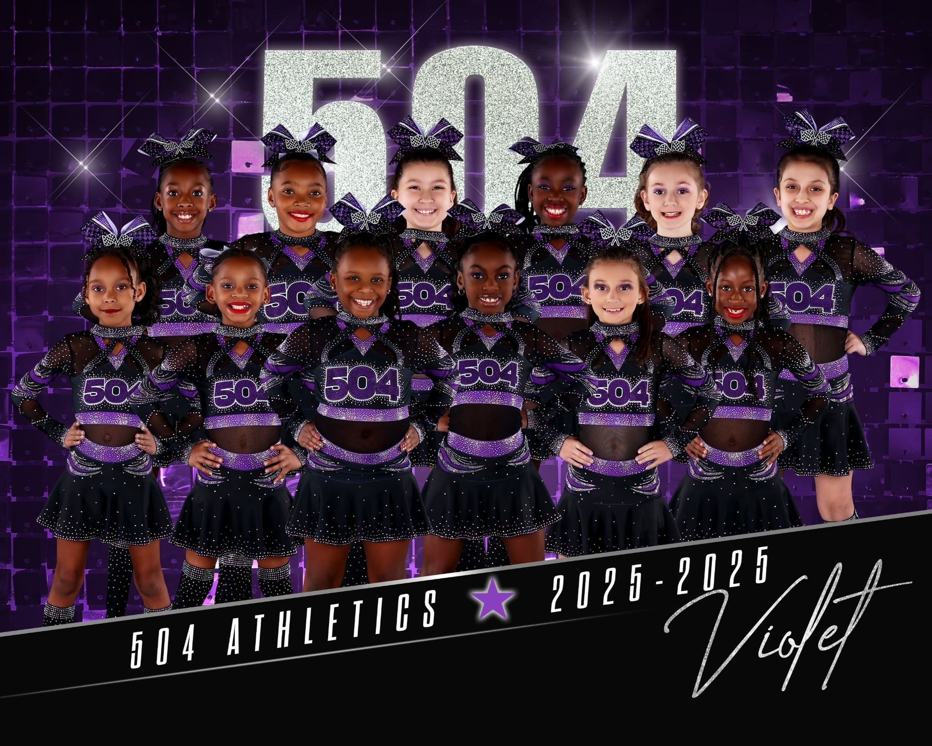 The 504 Athletics Violet cheer team poses in black and purple uniforms against a sparkly purple backdrop.