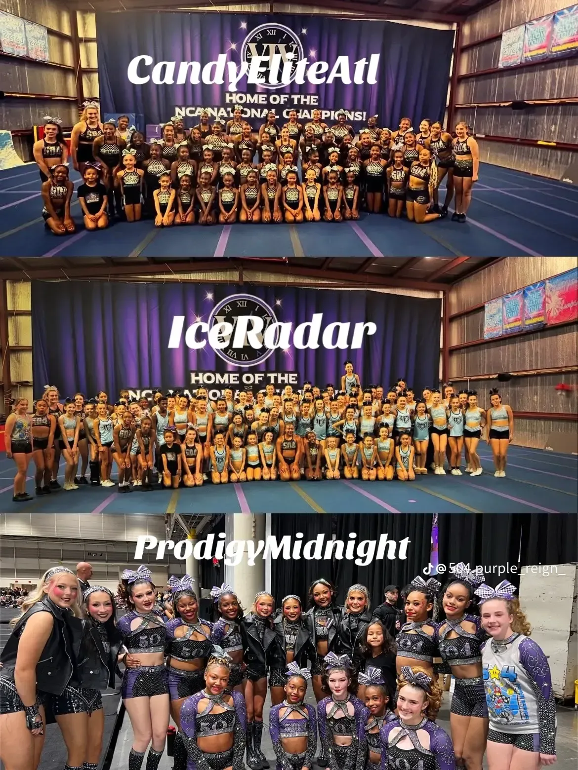 A cheerleading team stands on a stage in front of a National Cheerleaders Association banner with a trophy in front.