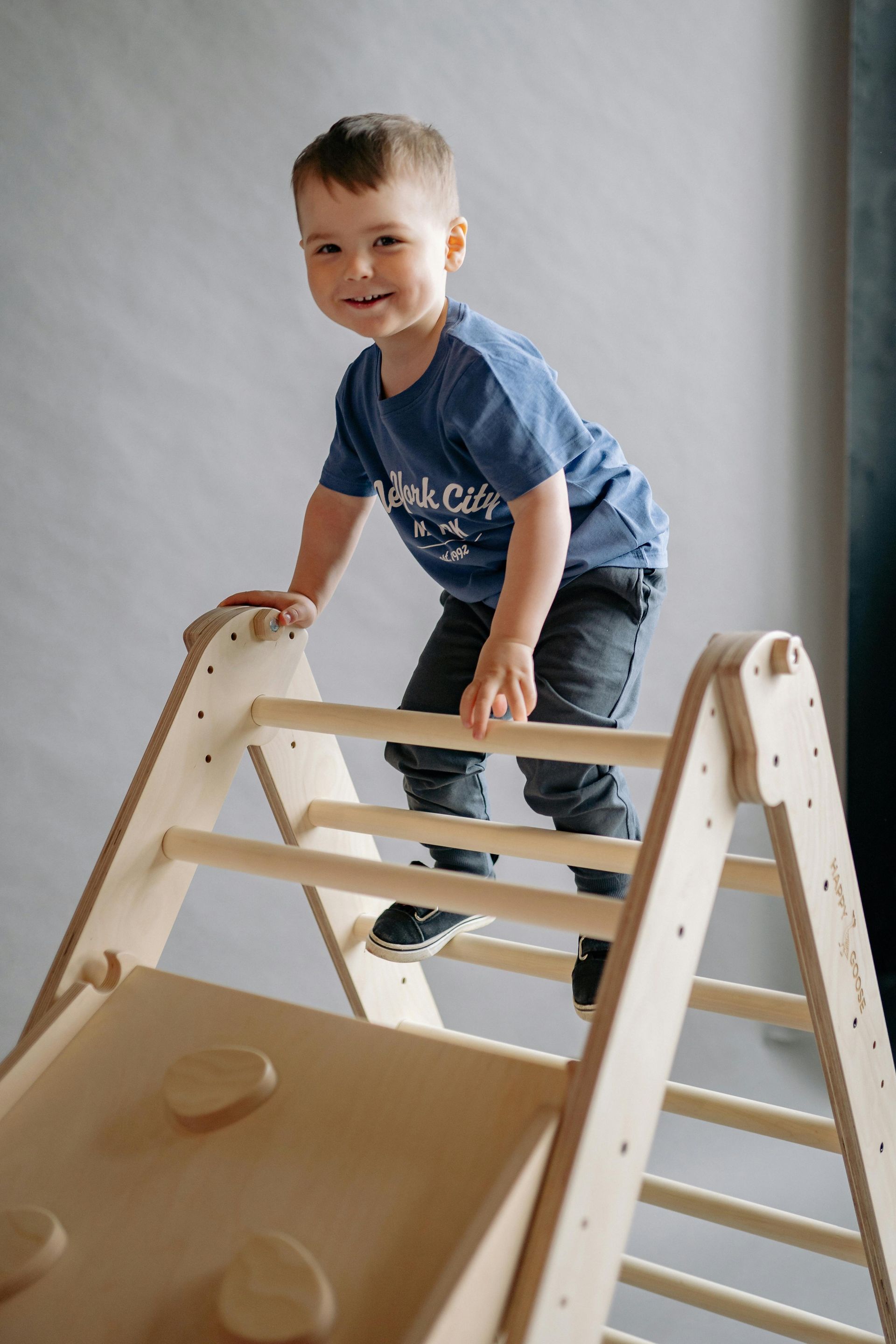 A little boy is standing on top of a wooden climbing ladder.