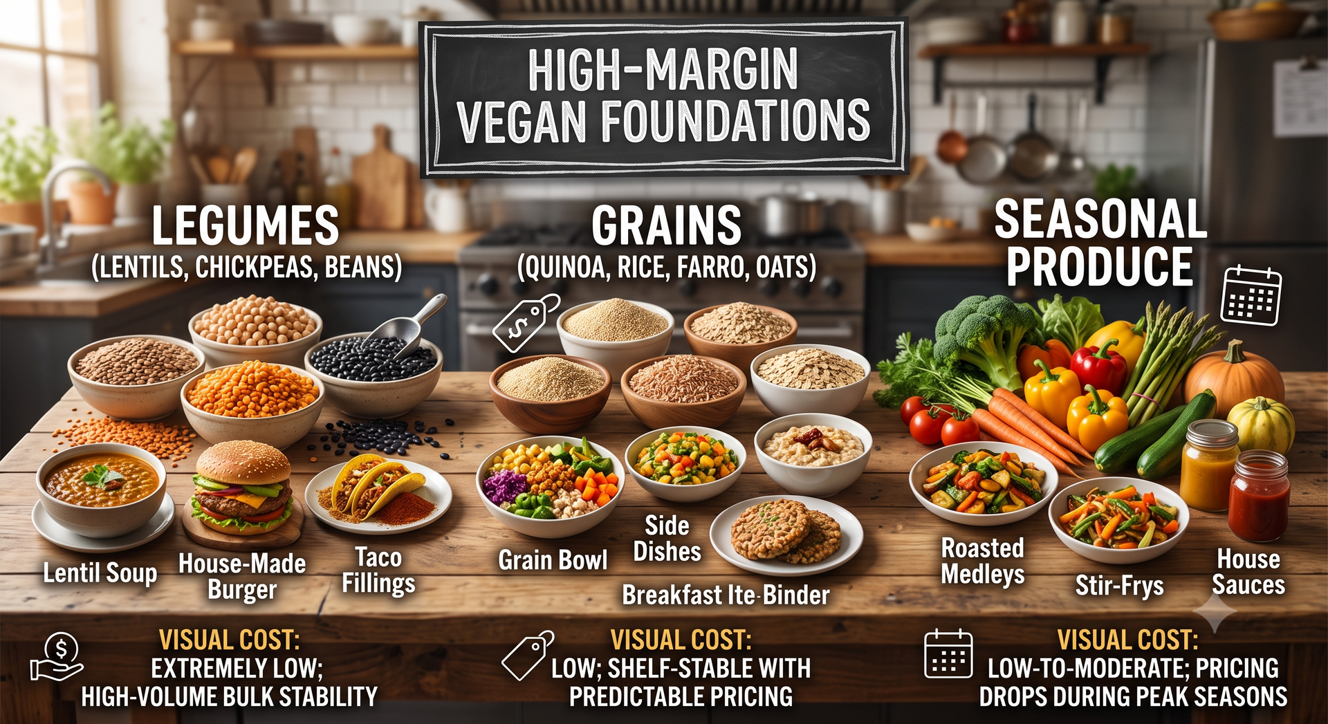 Core IngredientKitchen VersatilityRelative Food Cost ProfileLegumes (Lentils, Chickpeas, Beans)Soups