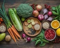 vibrant selection of fresh vegan fruits vegetables and grains arranged on a rustic wooden table over