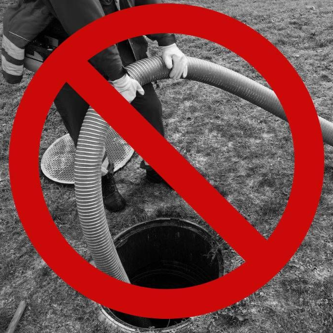 Person pumping a septic tank, crossed out by a red