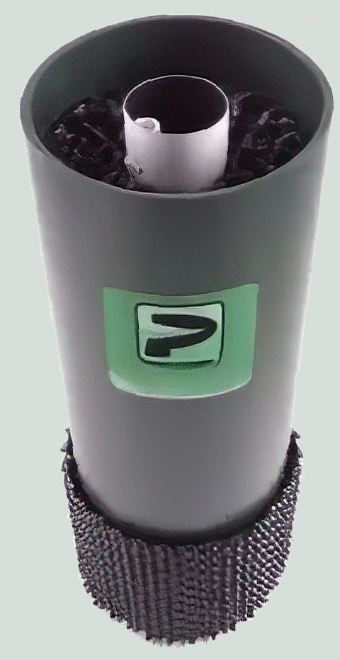 Green cylindrical filter with black mesh at the bottom and a logo on the front.