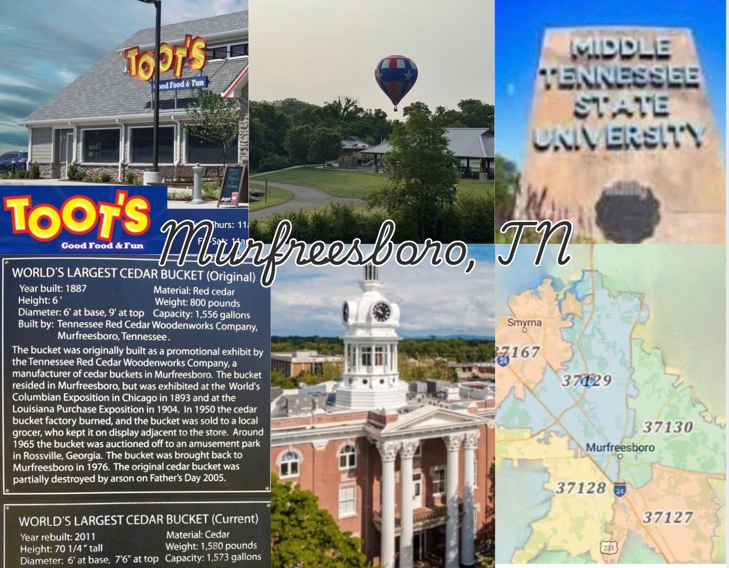 A collage of Murfreesboro, TN, with Toots restaurant, MTSU, cedar bucket, and map.