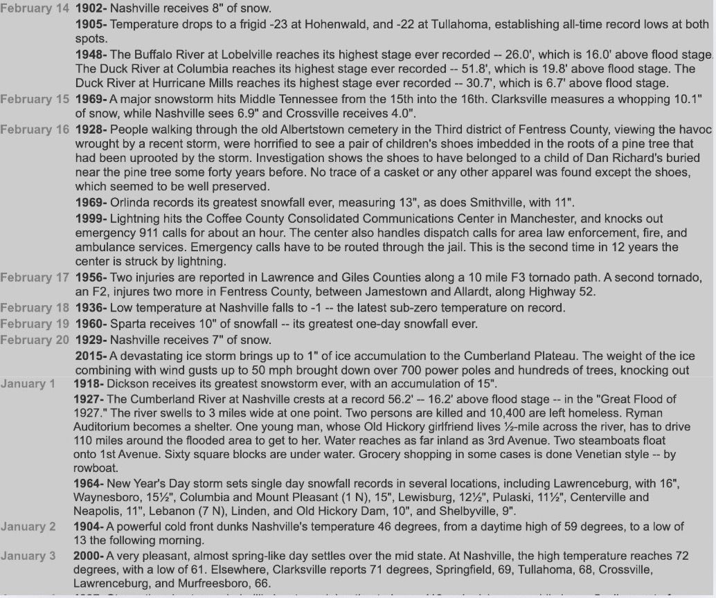 Text timeline detailing local events and emergencies from Feb 14 to Jan 3.