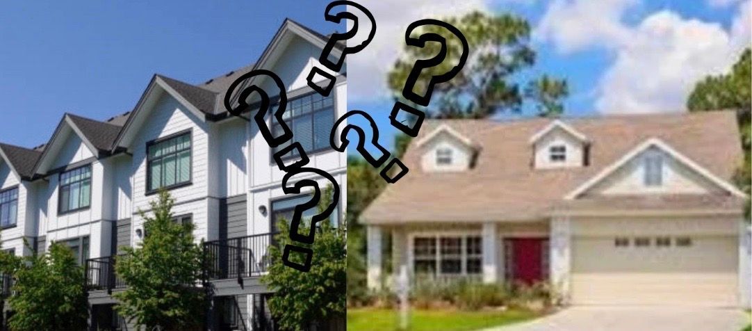 picture of townhomes and picture of a single family home with question marks