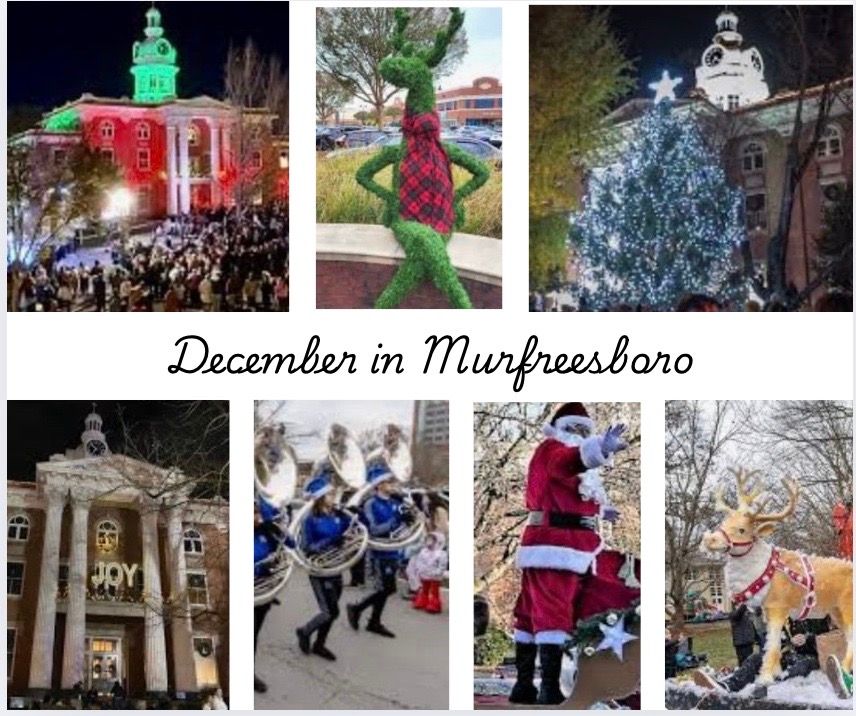 December holiday scenes in Murfreesboro: Courthouse lights, Grinch topiary, Christmas tree, parade, Santa.