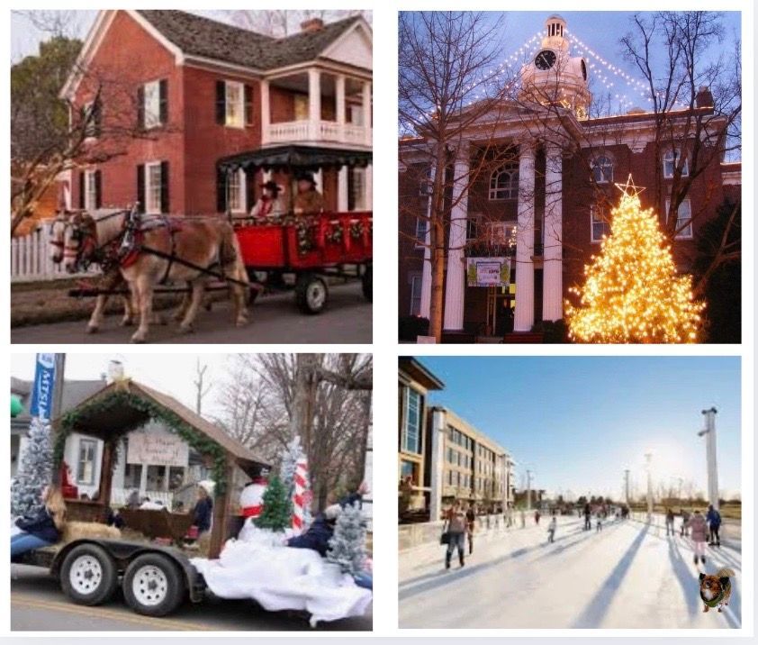 Four holiday scenes: horse-drawn carriage, decorated building, festive float, and ice skaters on a rink.