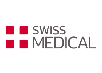 El logotipo de Swiss Medical es rojo y blanco y dice Swiss Medical.