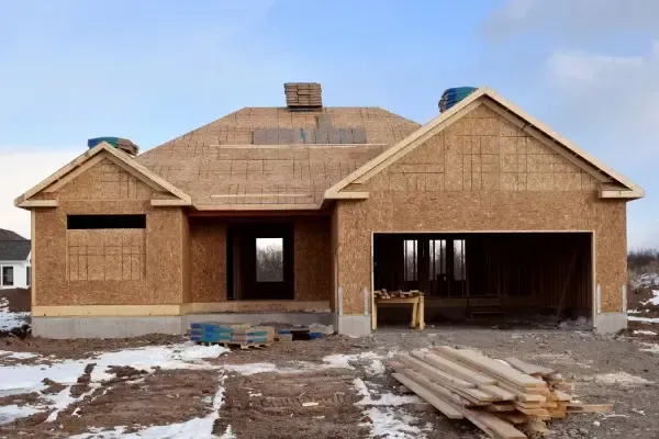A house is being built in a snowy area with a stack of wood in front of it.