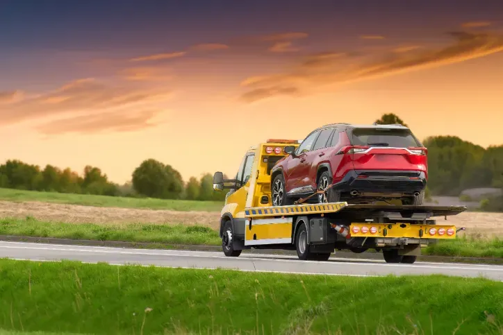 Tow truck transporting a red SUV on a highway at sunset.