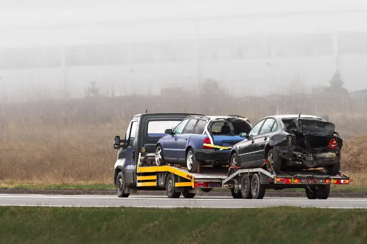 Tow truck carrying two damaged cars on a highway under cloudy skies.