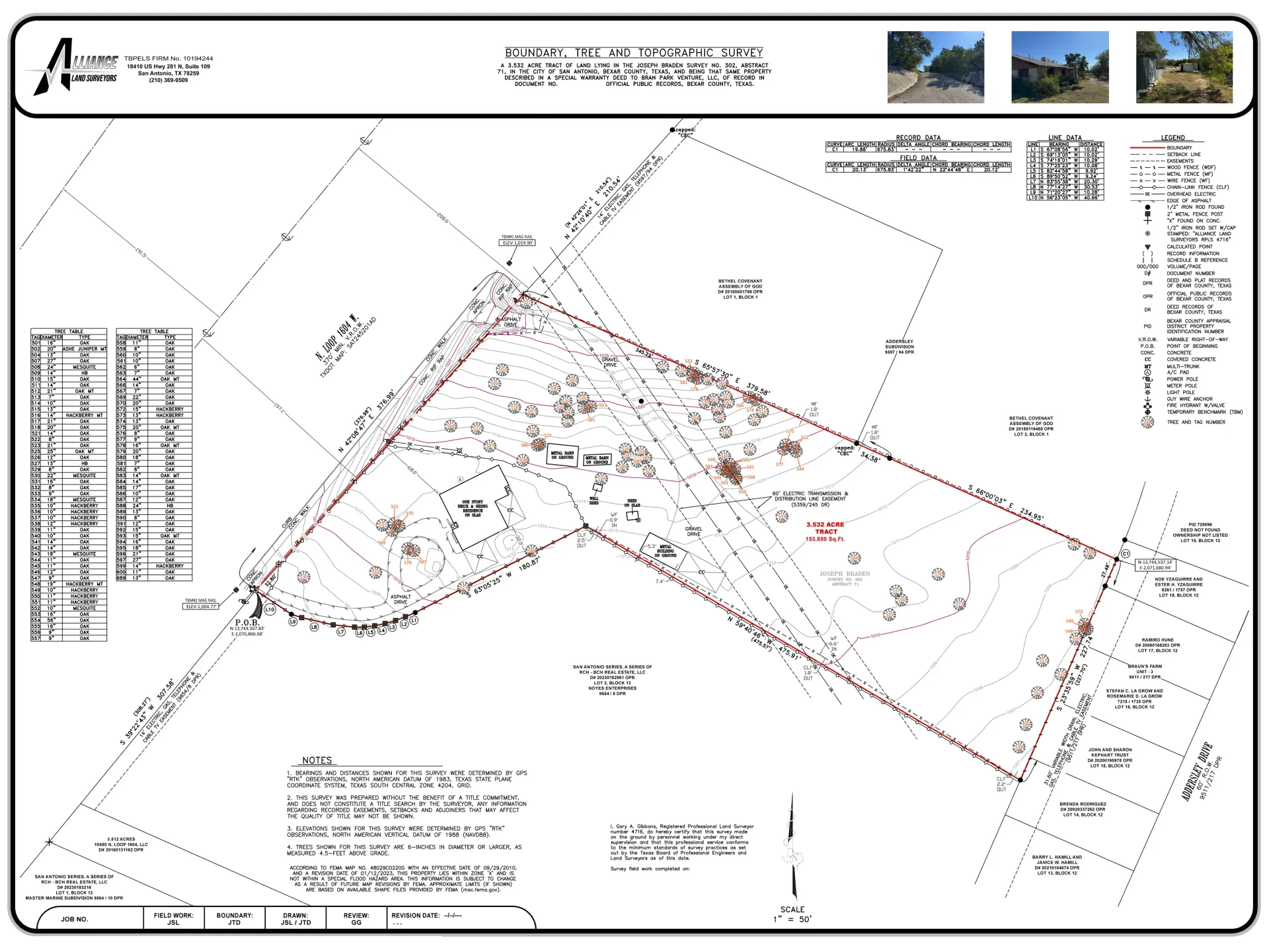 Sample tree survey plat from Alliance Land Surveyors showing tree locations, species, and DBH