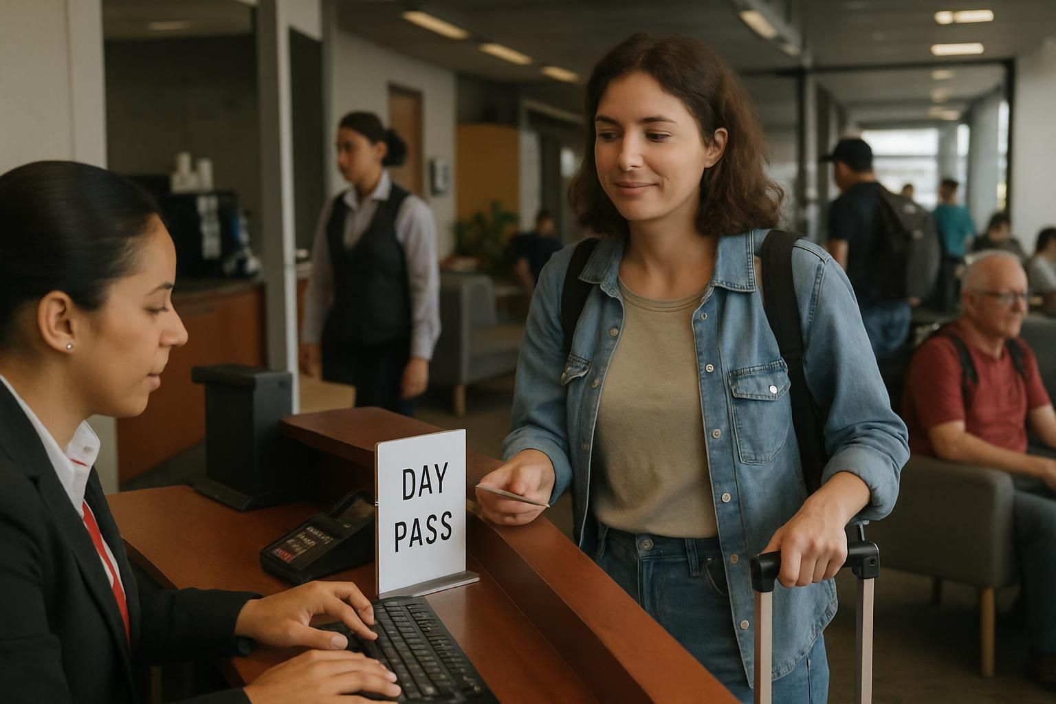 A woman is getting a day pass at an airport.