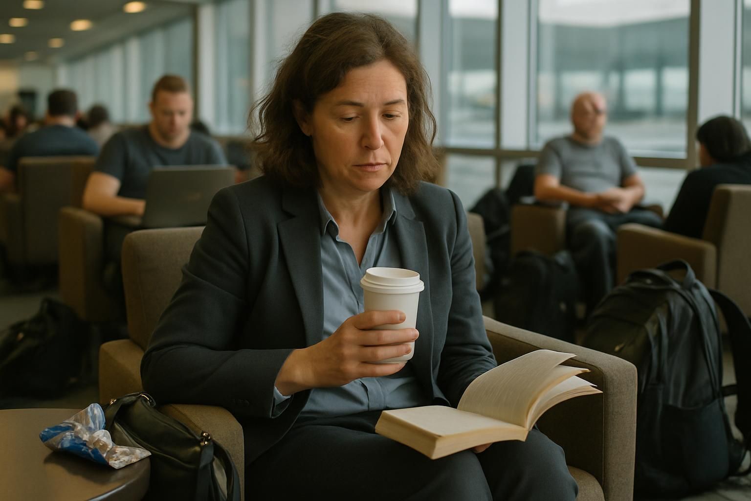 A woman is sitting in a chair reading a book and drinking coffee.
