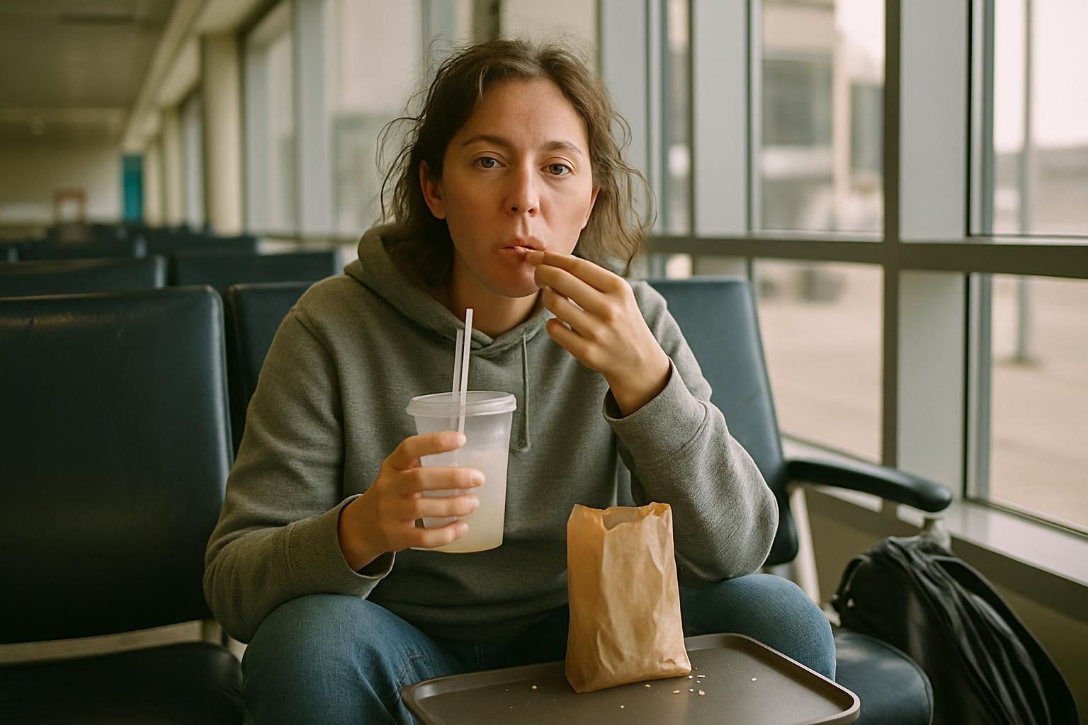A woman is sitting in an airport waiting area drinking a drink through a straw.