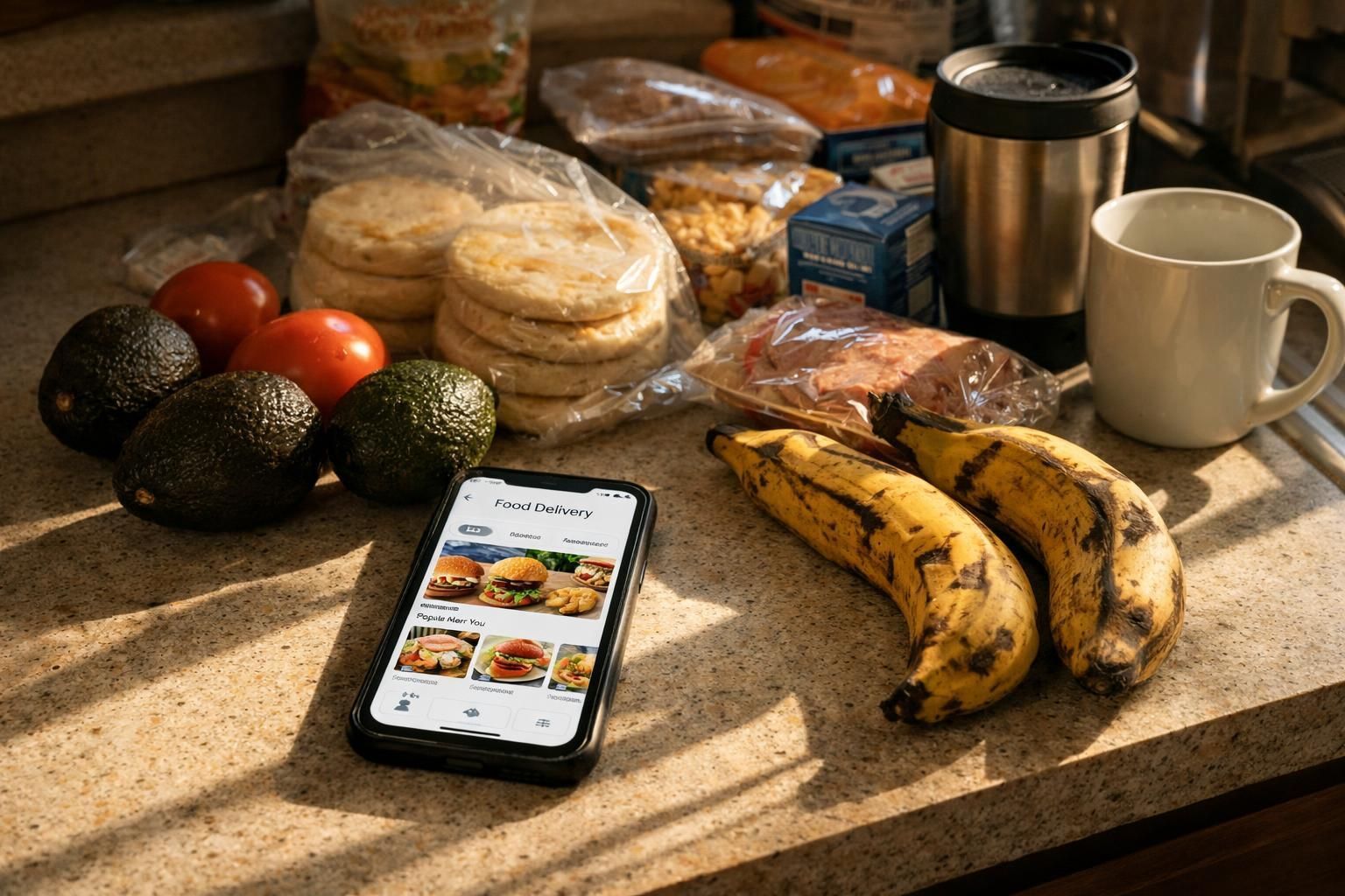 Groceries including avocados, tomatoes, plantains, and arepas sit on a counter next to a smartphone showing a food app.