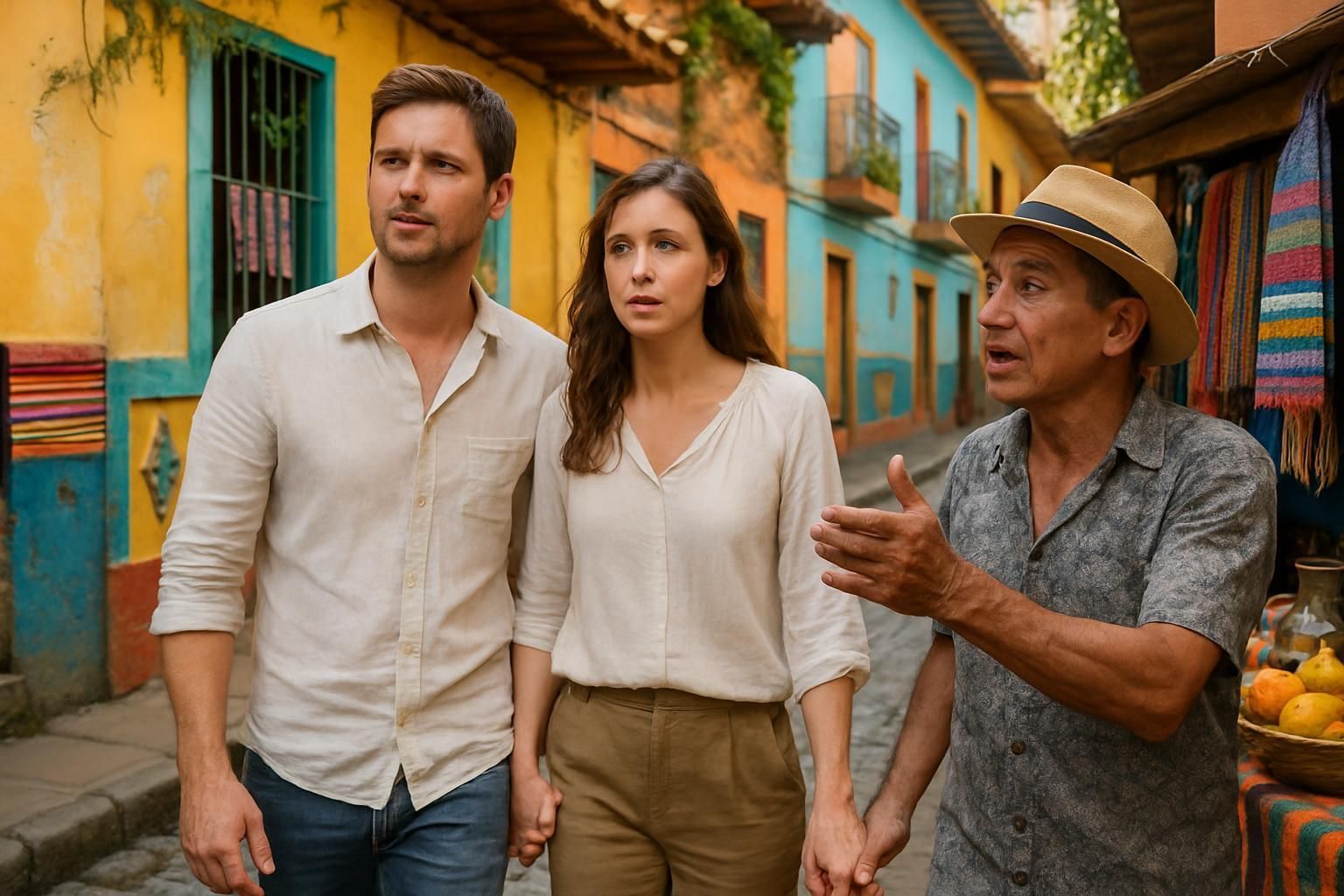 A man gesturing as he leads a couple walking on a colorful street, holding hands.