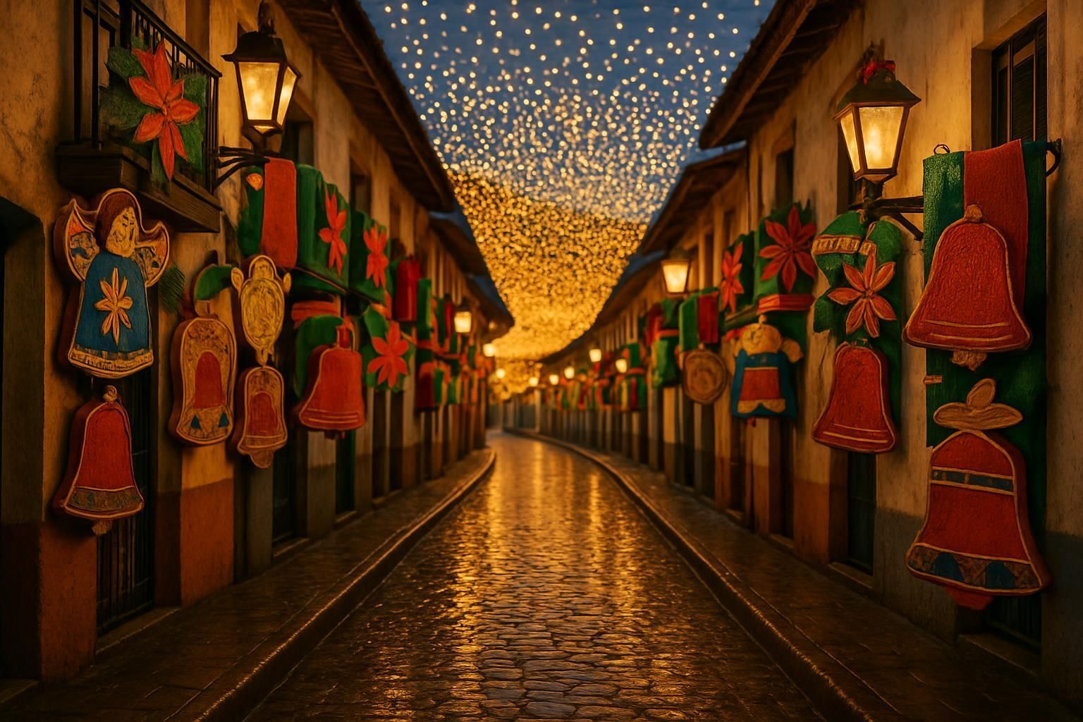A cobblestone street with christmas decorations and lights on the buildings.