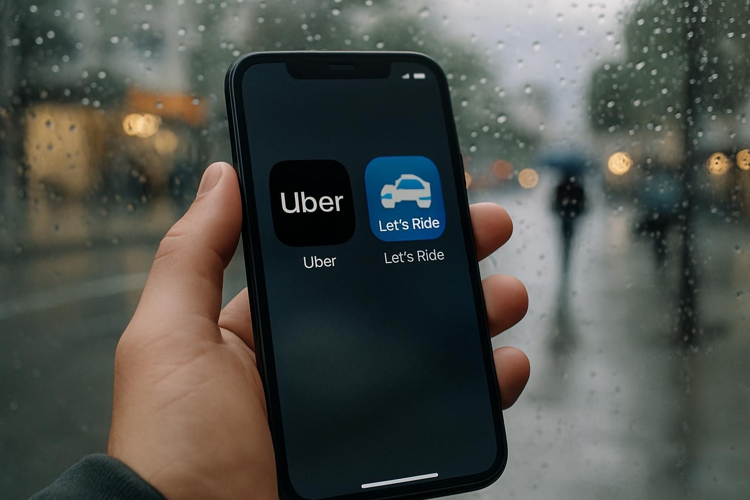 Hand holding a smartphone displaying the Uber and Lyft ride-hailing apps, blurred background.