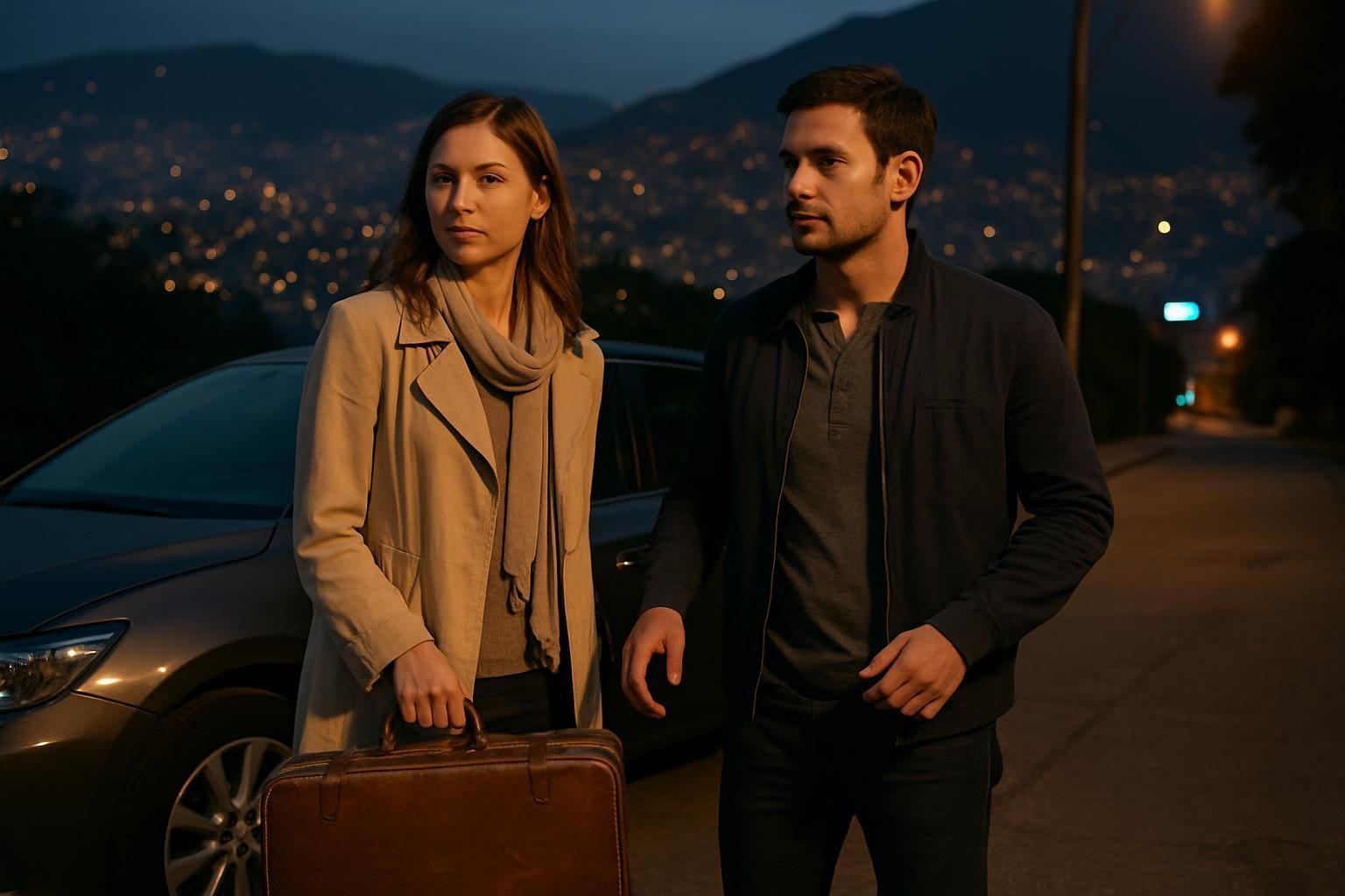 A woman and man stand by a car at dusk, the city lights are in the background, she holds a suitcase.