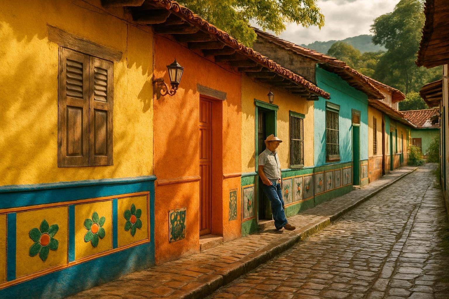 Colorful buildings line a cobblestone street; a man leans in a doorway.