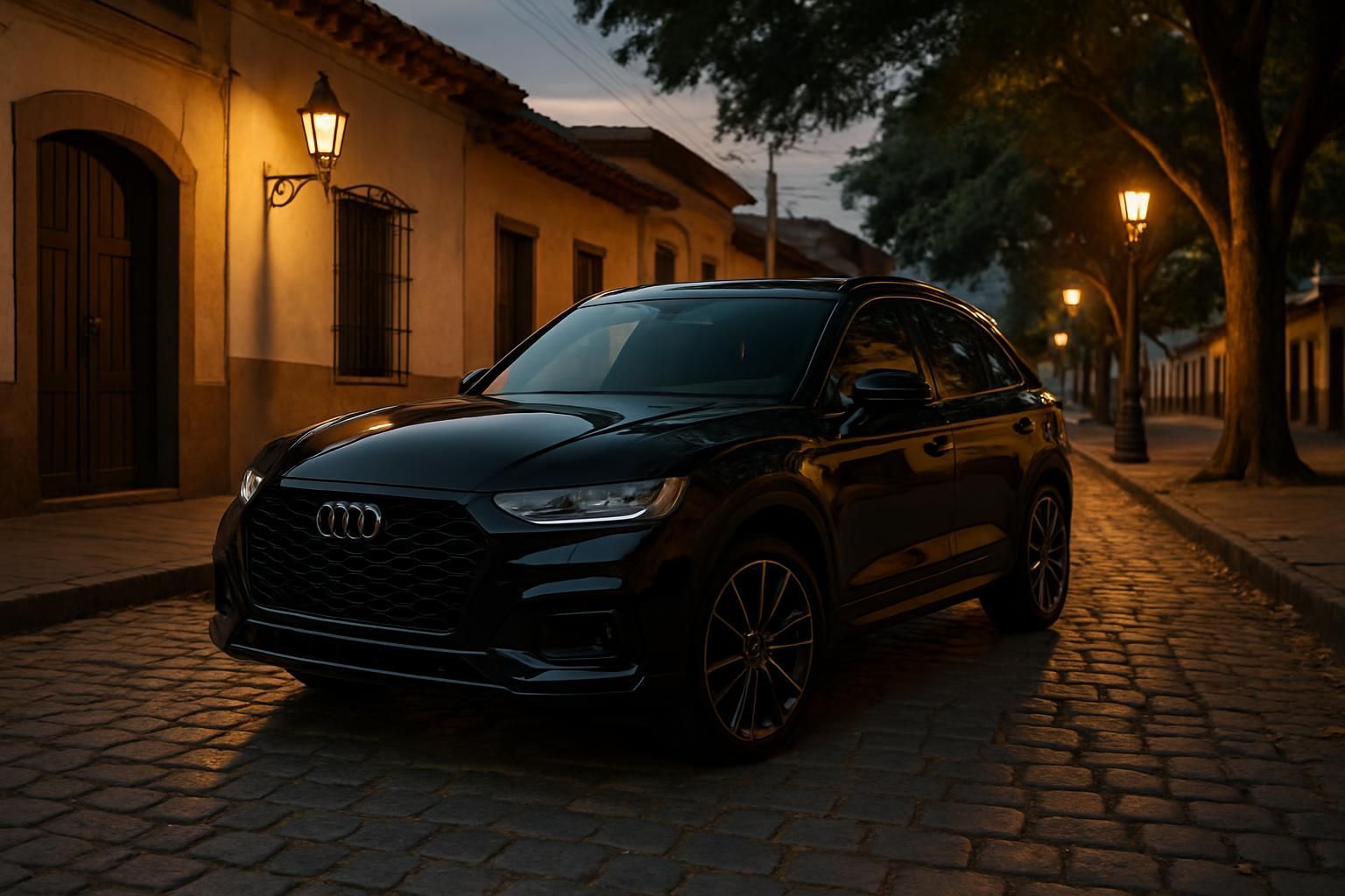 Black Audi SUV parked on cobblestone street, lit by streetlights.