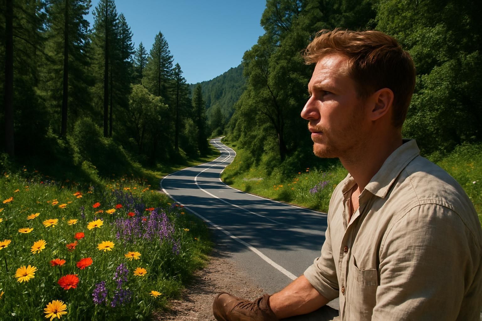 Man looking off-camera on a road with wildflowers, tall trees, and winding road on a sunny day.